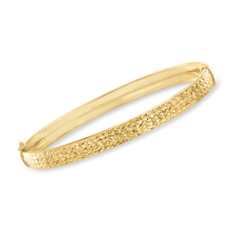 18kt gold over sterling diamond-cut bangle bracelet, polished gold-tone with textured band