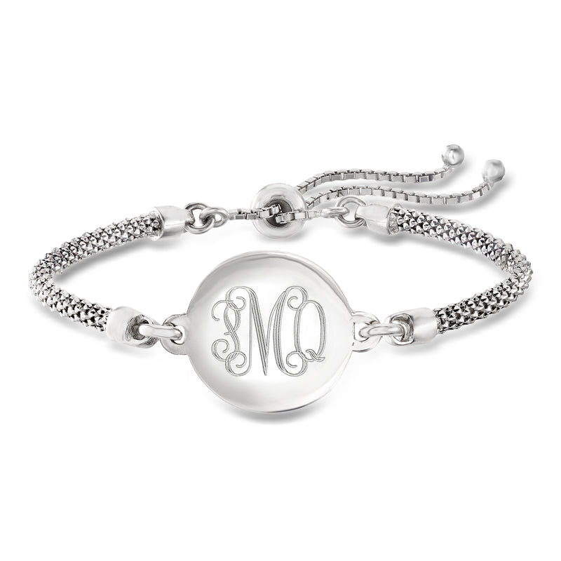 Sterling silver bolo bracelet with engraved heart disc and rhinestone chain links