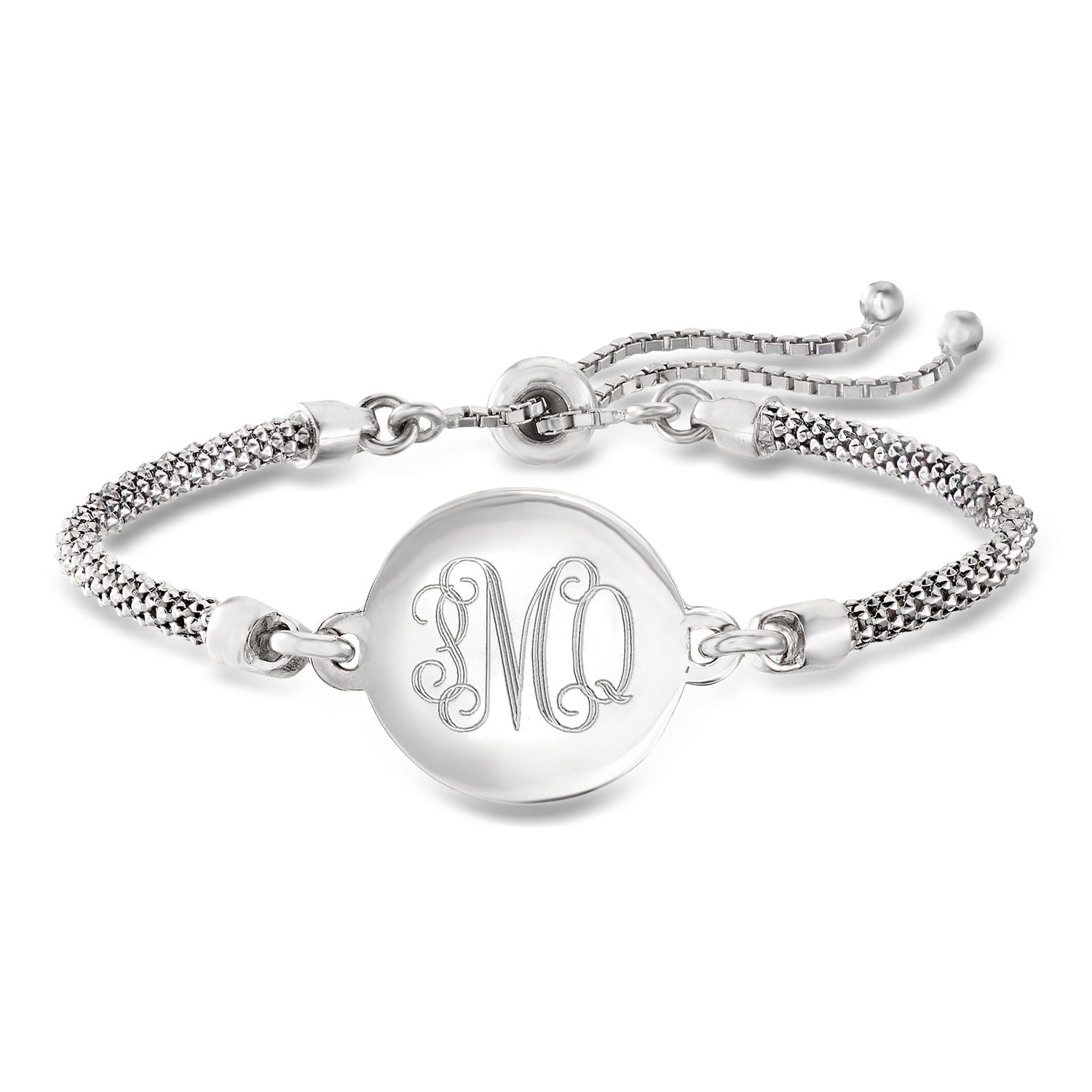 Sterling Silver Personalized Disc Popcorn-Chain Bolo Bracelet