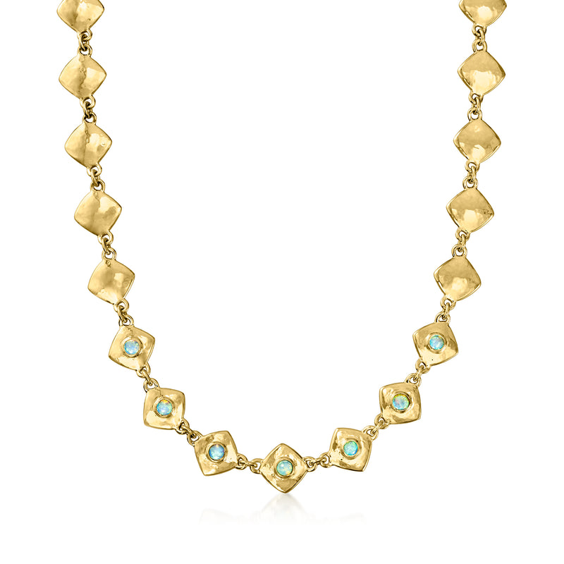 Opal geometric-link necklace in 18kt yellow gold with blue opal cabochons
