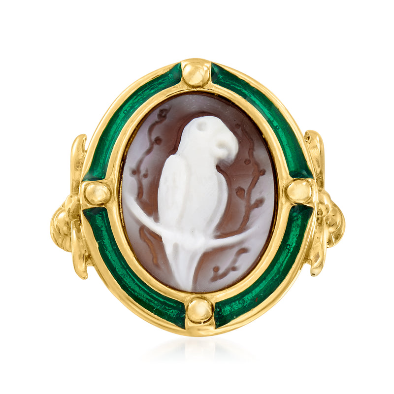 18kt gold over sterling oval ring with green enamel border and brown shell parrot cameo
