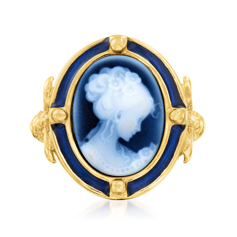 Blue agate cameo ring with oval cameo profile, blue enamel border, gold-tone setting