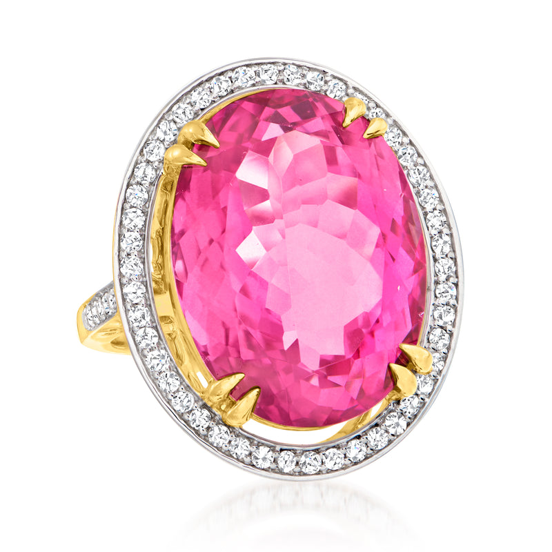 Oval pink topaz ring with diamond border and yellow gold prongs