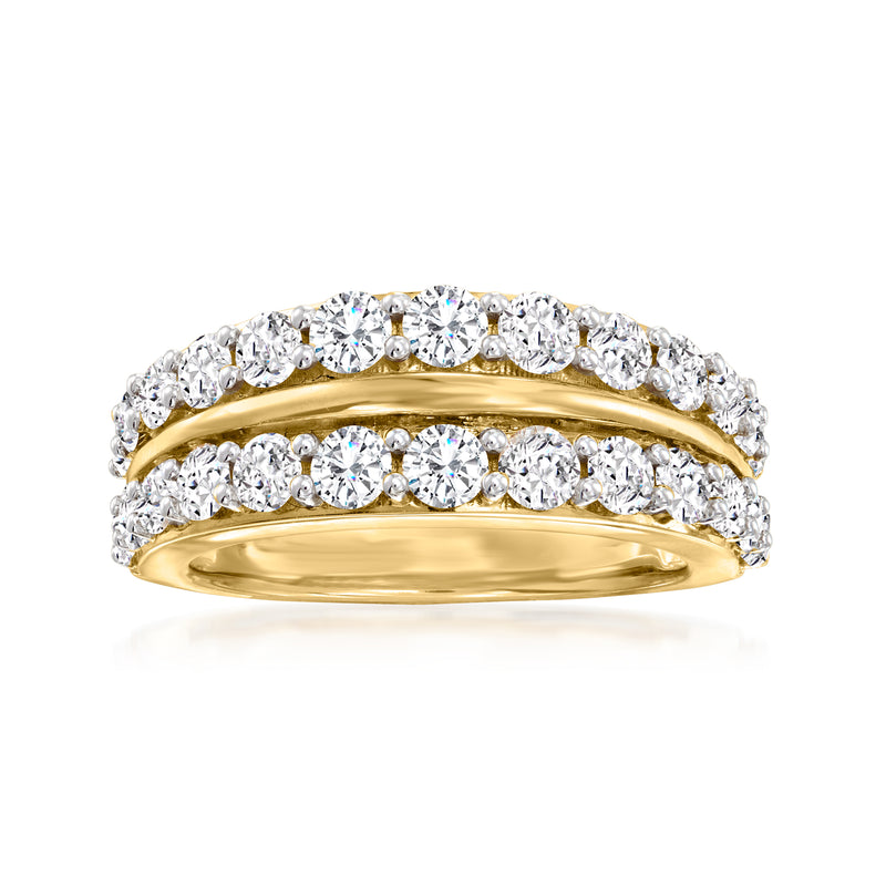 Two-row diamond ring in yellow gold with round stones, curved bezel setting