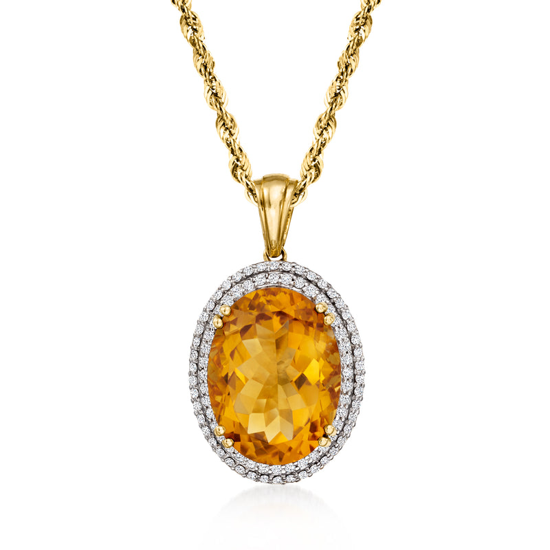 14kt yellow gold citrine pendant with oval citrine and diamond halo, chain