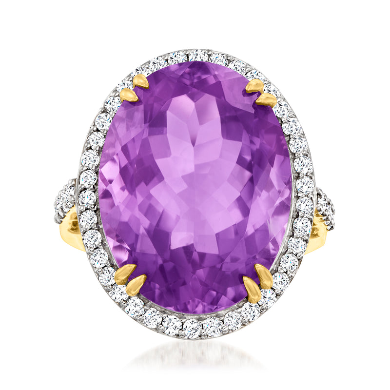 Amethyst and diamond ring in 14kt yellow gold with oval purple stone and diamond halo