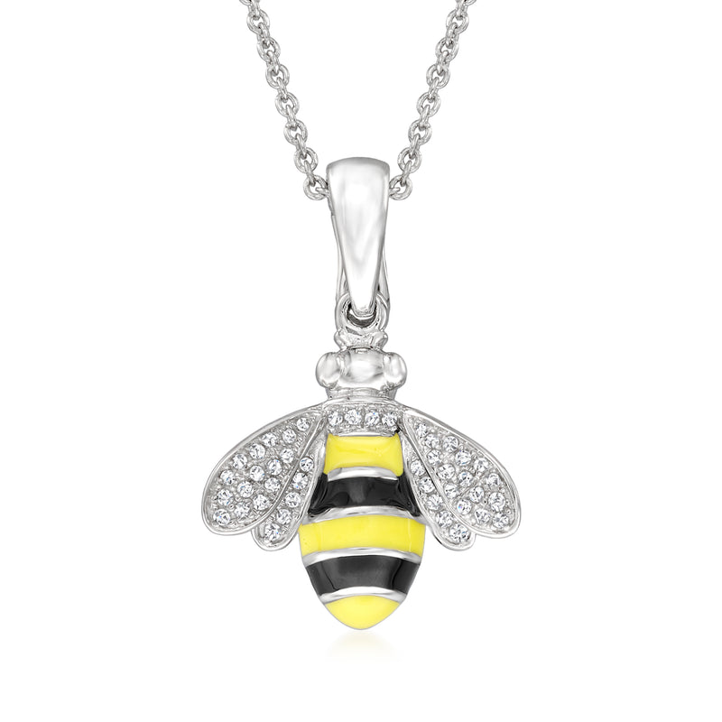 Sterling silver diamond bumblebee pendant necklace with black and yellow enamel wings