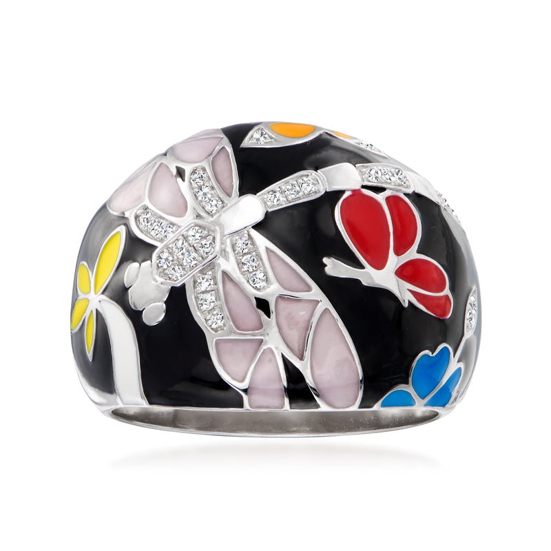 Sterling silver dragonfly ring with multicolored enamel and diamond accents