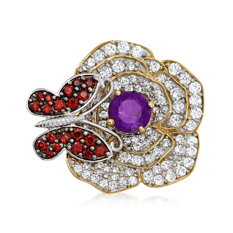 Butterfly and flower ring with purple center stone, red accents, and pavé clear stones