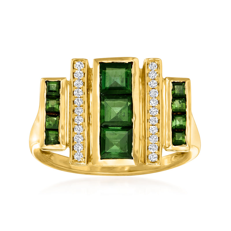 14k yellow gold ring with green tourmaline center and diamond accents, square shape