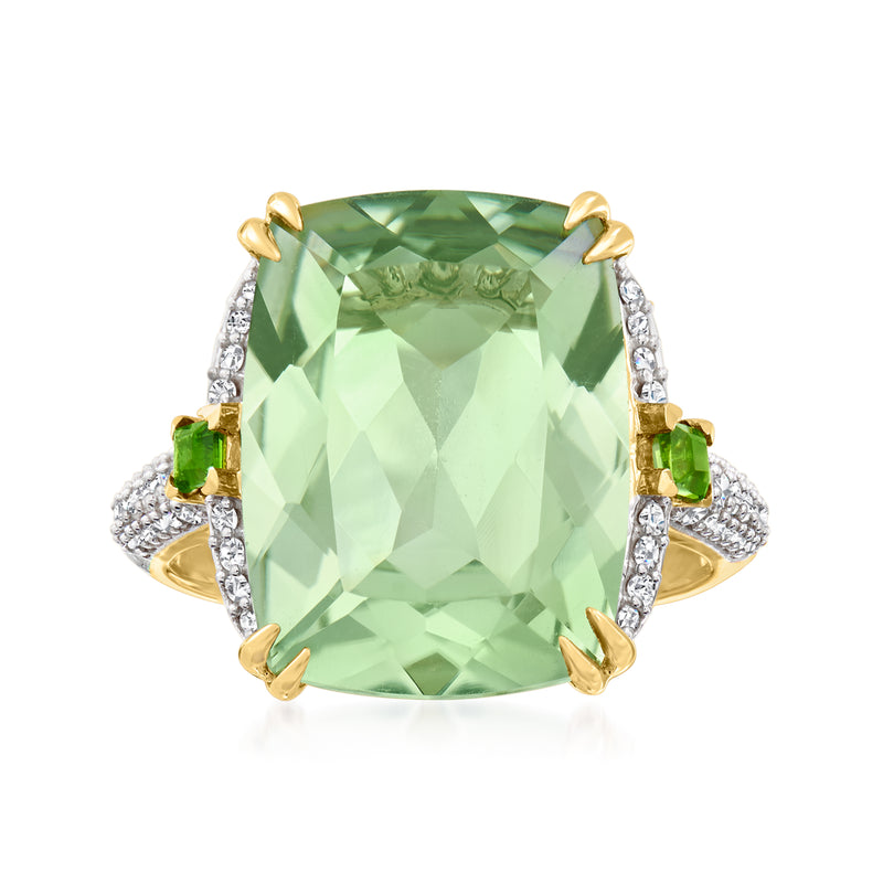 14kt yellow gold ring with large mint-green prasiolite center and diamond accents