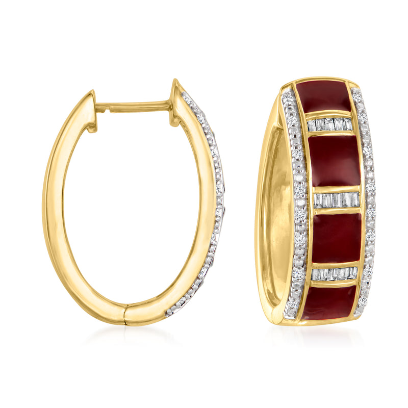 Gold hoop earrings with red enamel panels and diamond accents, hinged closure