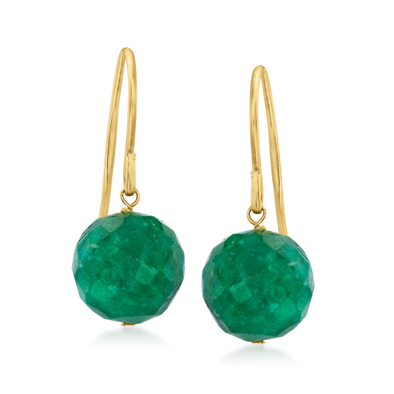 14kt yellow gold earwire drop earrings with faceted green emerald gemstones