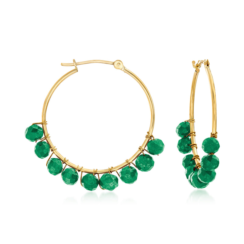 14kt yellow gold hoop earrings with emerald-green bead accents, round hoop design