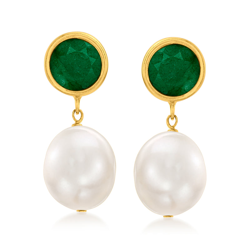 Yellow gold drop earrings with emerald-green top and white cultured pearl drops