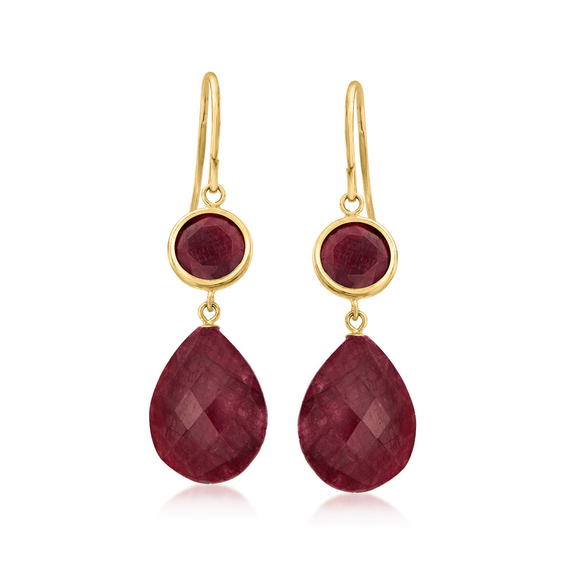 14kt yellow gold ruby drop earrings: round top, teardrop stones, earwire