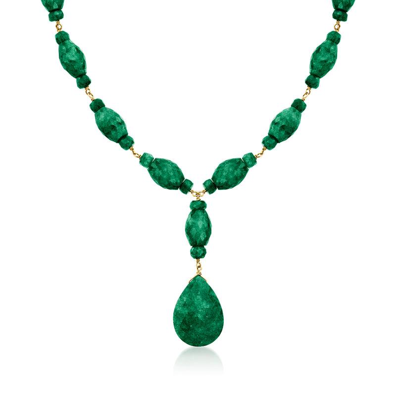 Emerald green gemstone Y-necklace with teardrop pendant in gold-tone setting