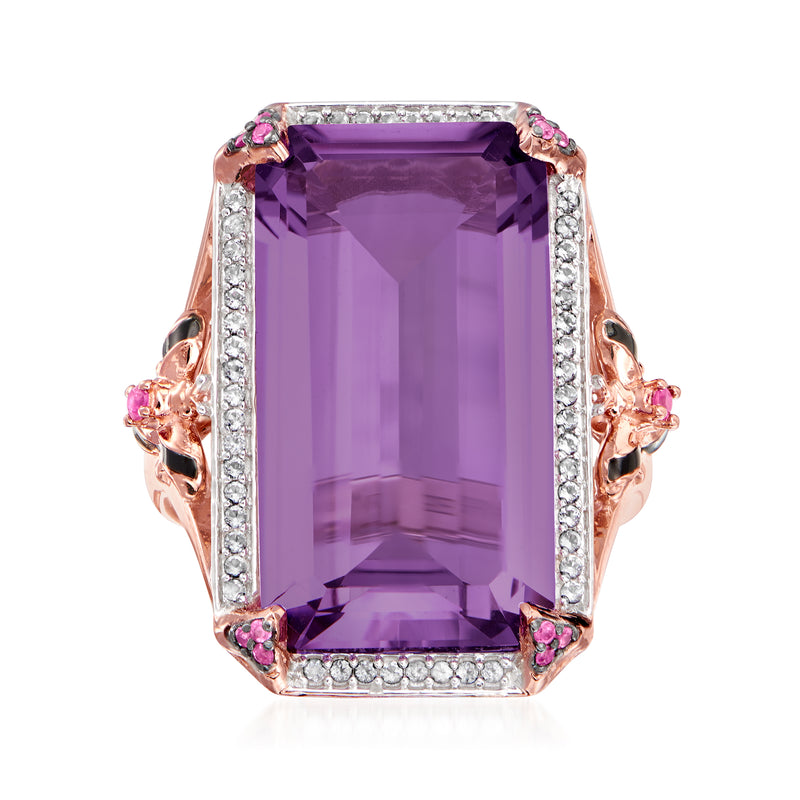 Rose gold ring with large purple amethyst cushion, pink accents, and diamond border