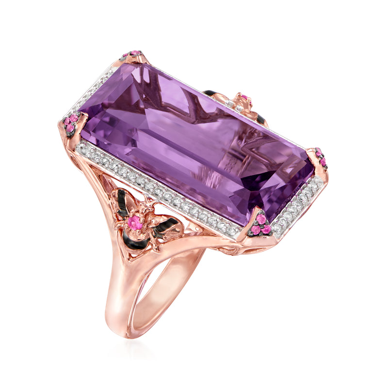 Side view of rose gold ring with purple amethyst cushion, pink stones, and diamond trim