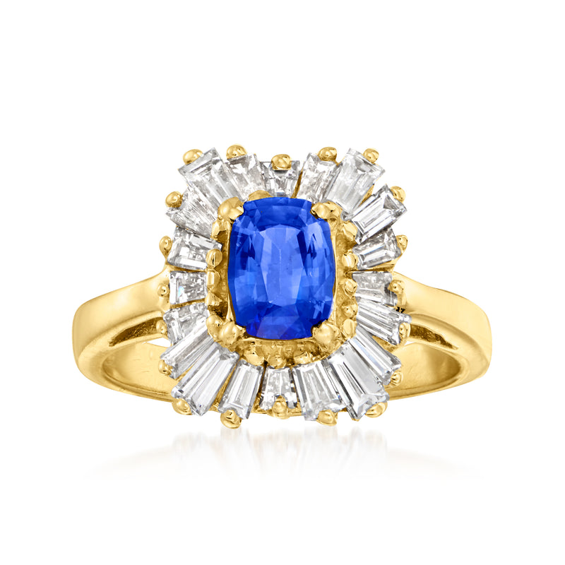 14kt yellow gold ring with cushion blue sapphire and diamond halo cluster