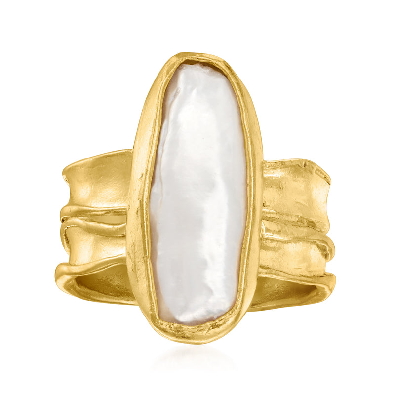 Baroque pearl ring with oval white cultured pearl in 18kt gold over sterling