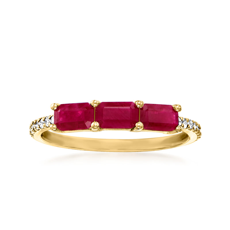 14kt yellow gold ring with rectangular ruby and diamond side accents