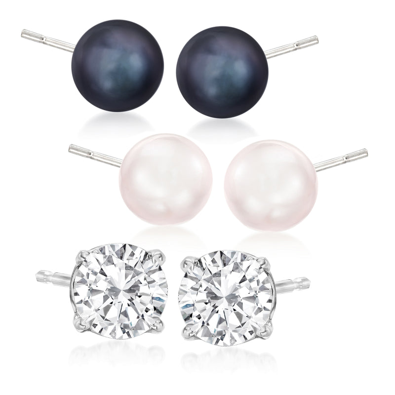 Sterling silver stud earring set with dark, white cultured pearls and CZ studs