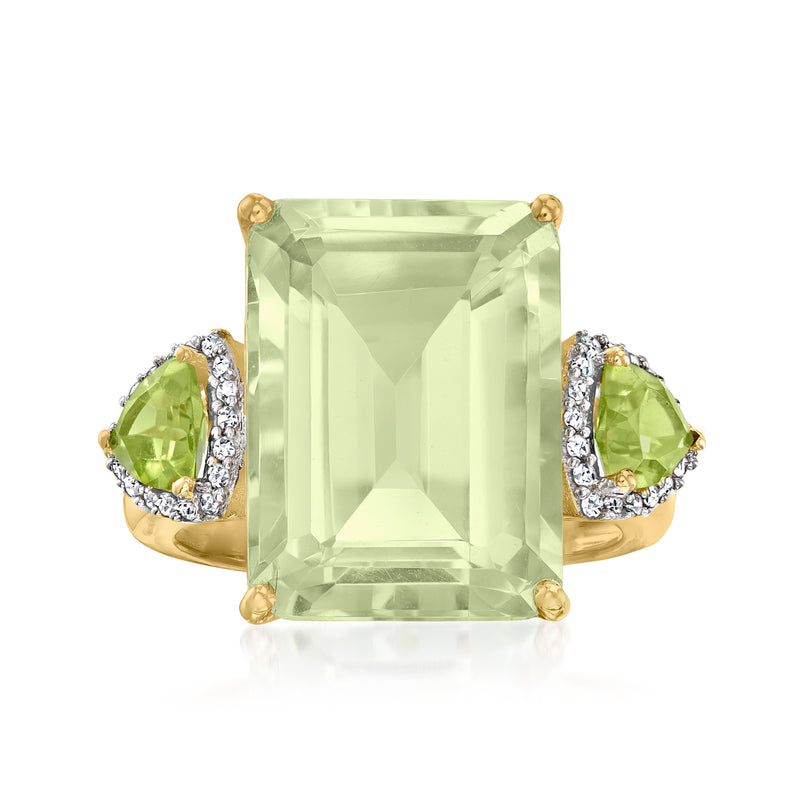 14kt yellow gold ring with square prasiolite center, pear peridots, and diamond accents