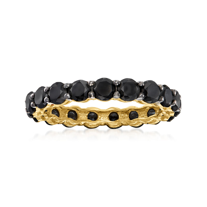 14kt yellow gold eternity band with black diamond stones in a continuous row