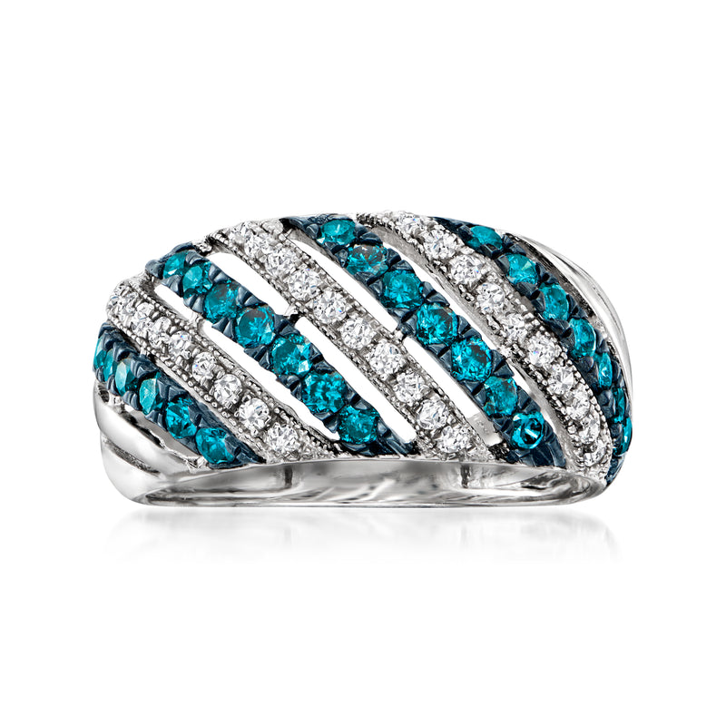 Sterling silver diagonal stripe ring with blue stones and white diamonds