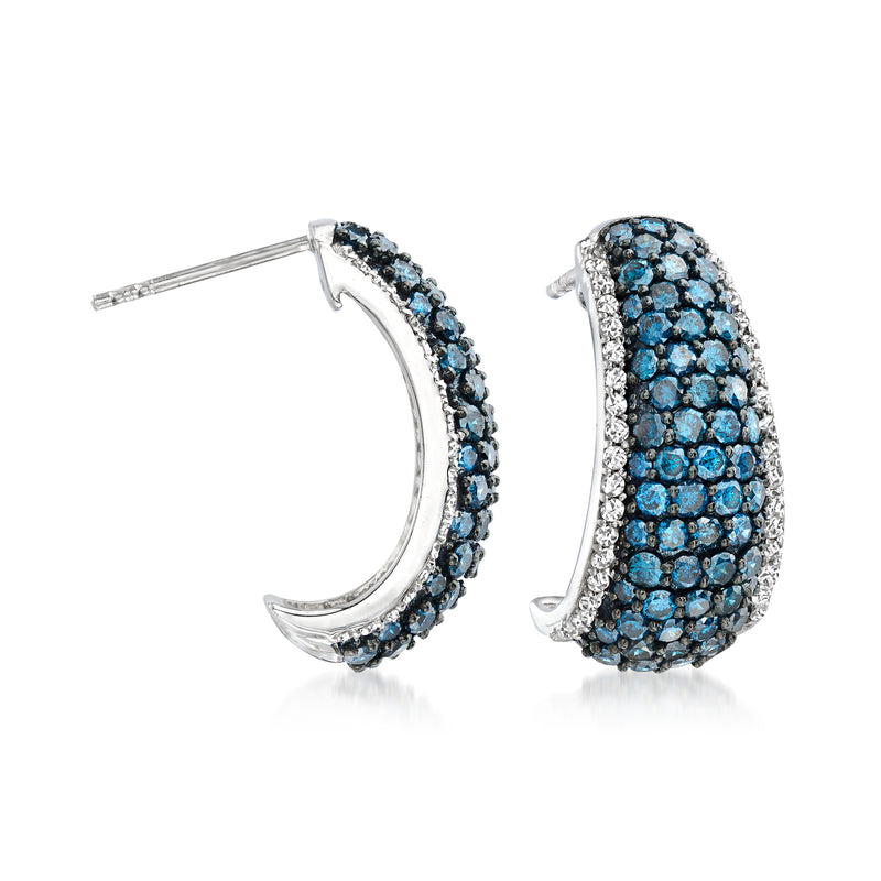 Sterling silver J-hoop earrings with blue diamond pavé