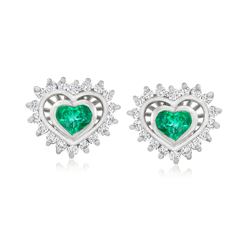 Heart emerald and diamond post earrings in 18kt white gold, green center stones