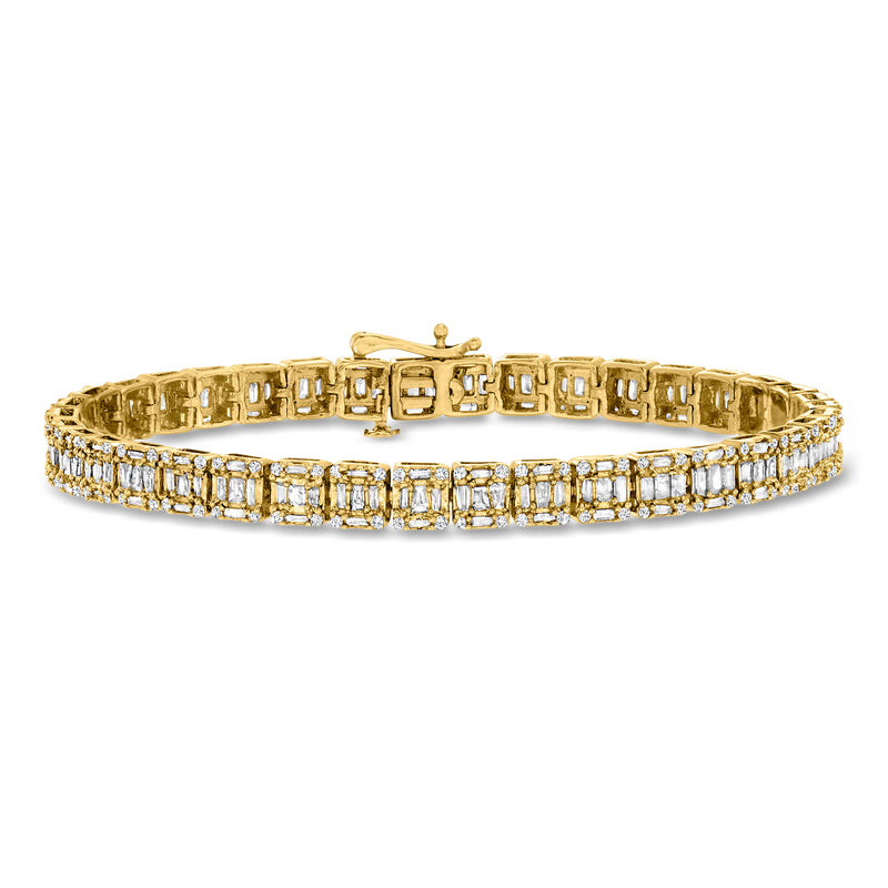 14kt yellow gold diamond tennis bracelet with rectangular baguette and round clusters