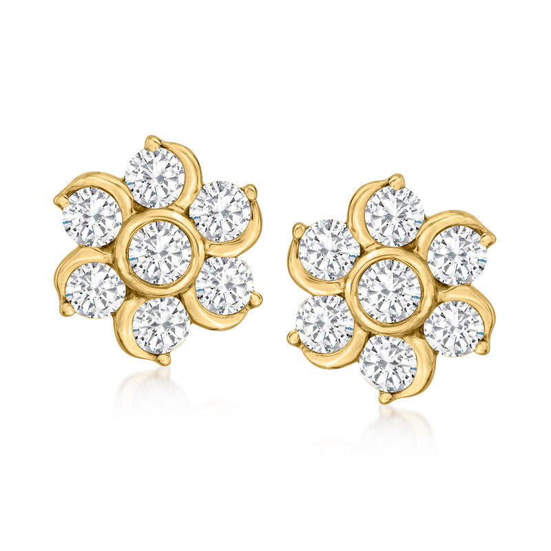 14kt yellow gold diamond flower stud earrings with round stones, clustered design