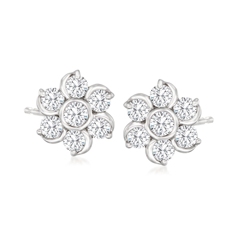 14kt white gold diamond flower stud earrings, round stones