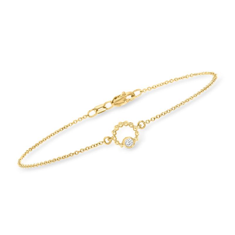 14kt yellow gold diamond beaded open-circle bracelet with small linked charm