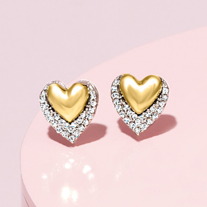 Heart stud earrings with yellow gold center and diamond halo, sterling silver backing