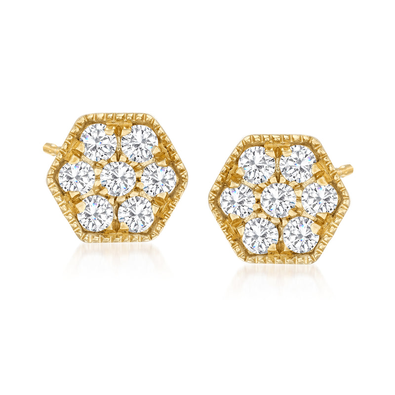 Geometric diamond stud earrings in 18kt gold over sterling, round stones in a hexagon.