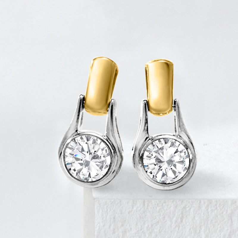 Bezel-set round diamond drop earrings in sterling silver with yellow gold top