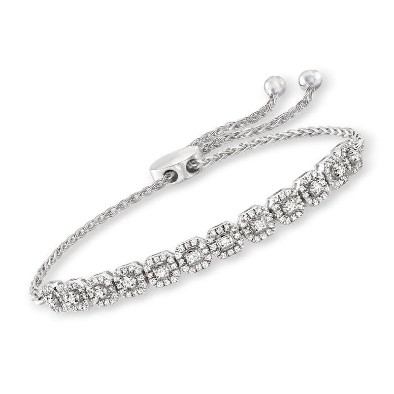 Sterling silver diamond bolo bracelet with cluster stations and adjustable chain