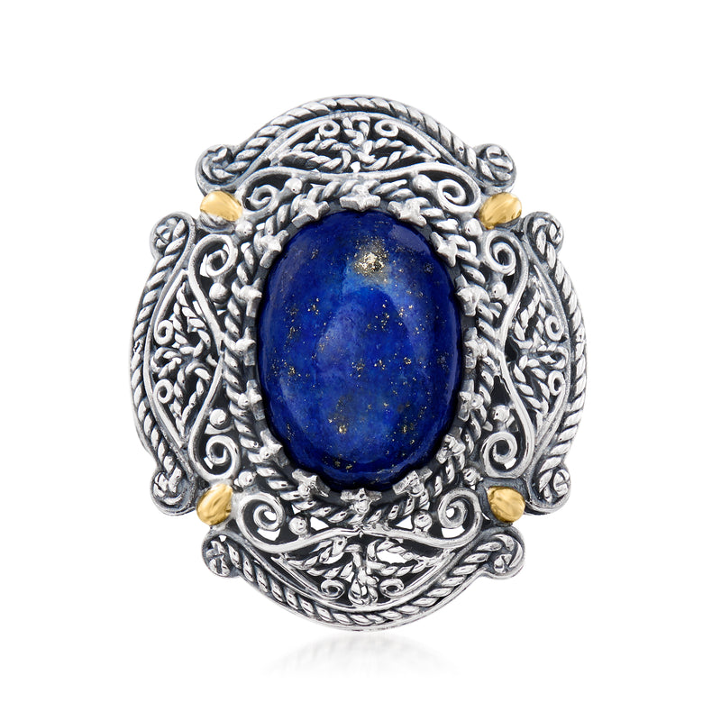 Sterling silver Bali-style ring with oval blue lapis stone and gold accents