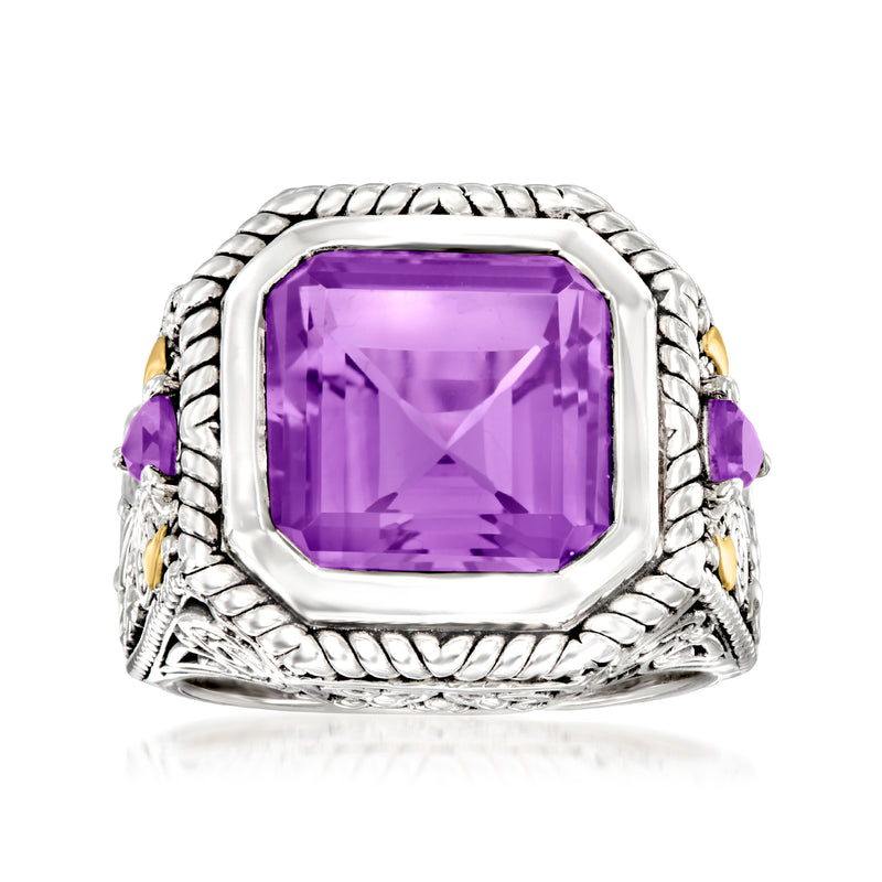 Sterling silver Bali-style ring with square amethyst center, side stones, gold accents