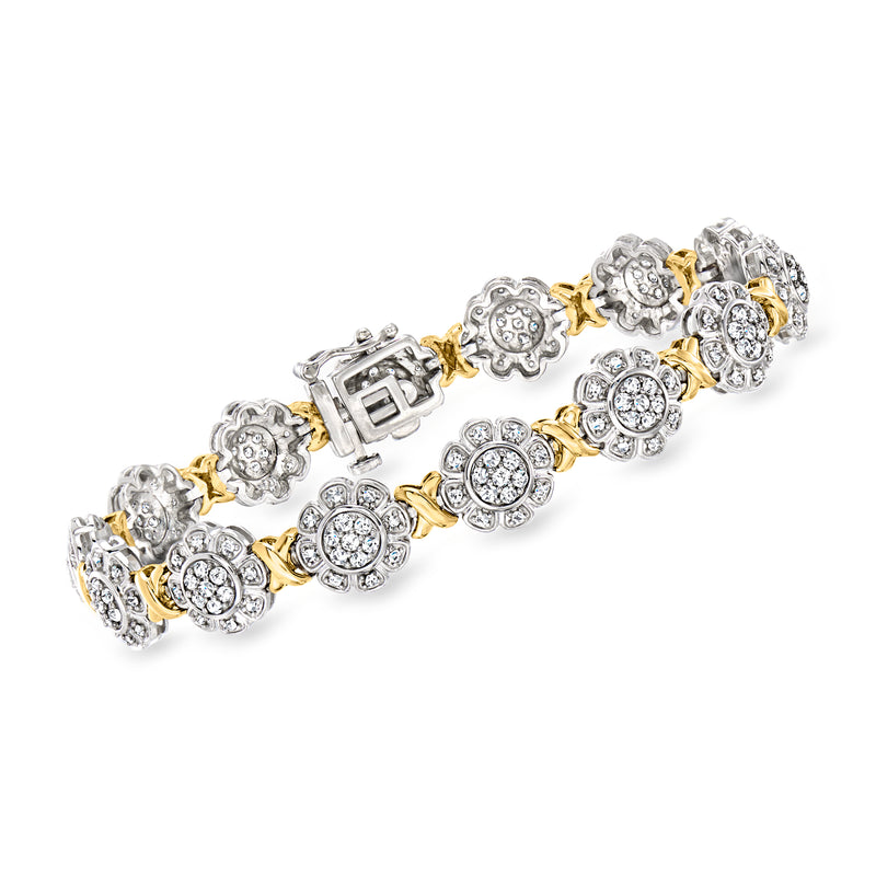 Two-tone sterling silver diamond flower bracelet with round halo clusters, round link design
