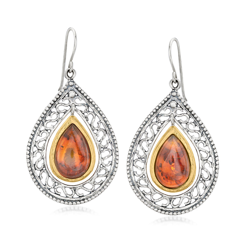 Openwork teardrop earrings with amber-orange teardrop gemstone in gold bezel, silver frame