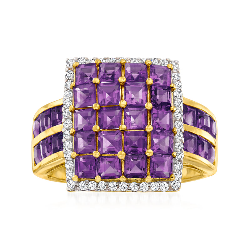 18kt gold over sterling amethyst square-top ring with white zircons, yellow band
