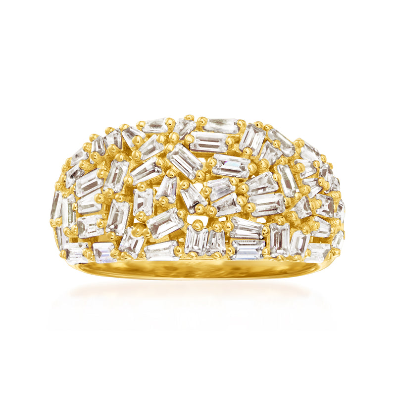 Gold over sterling ring with rectangular CZ stones, yellow gold bezel setting