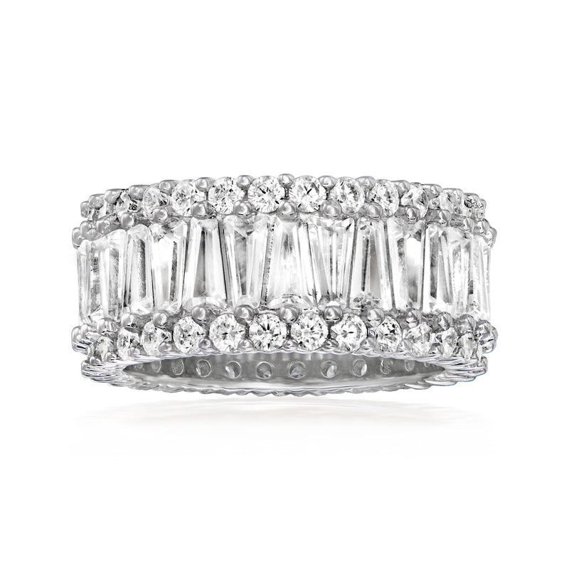 Sterling silver CZ eternity band with baguette and round stones, polished shine