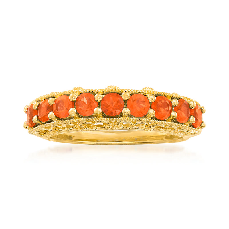 Orange fire opal ring with oval gemstones in 18kt gold over sterling band