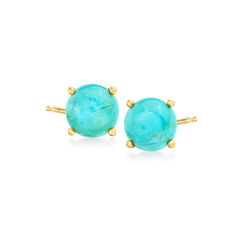 Round turquoise stud earrings in gold-tone setting with small ball posts