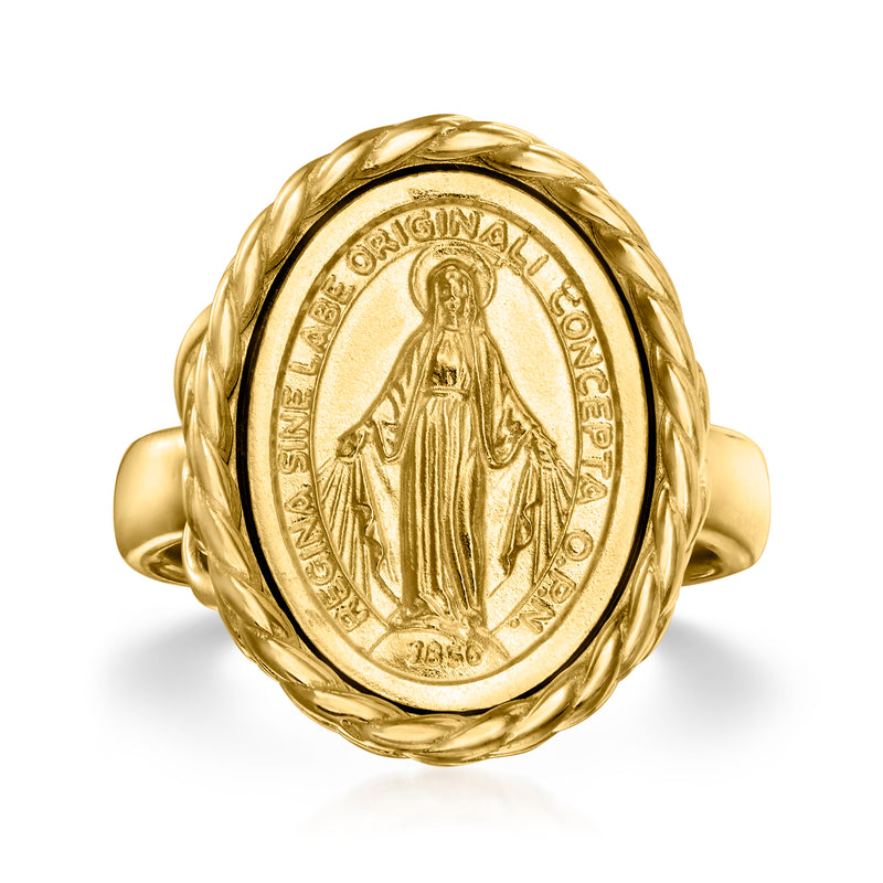Gold-tone ring with oval Miraculous Medal medallion in braided frame